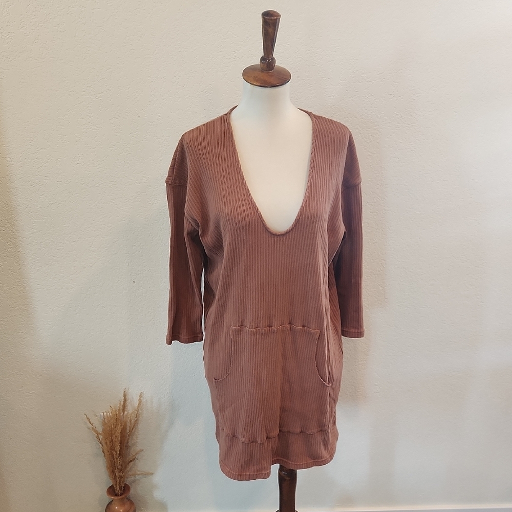 Free People Beach Brown Orange Ribbed V-Neck Sweater Dress